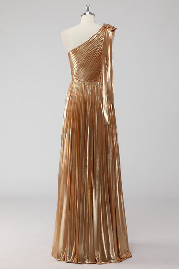 Golden Metallic Satin Pleated One Shoulder A-Line Formal Dress